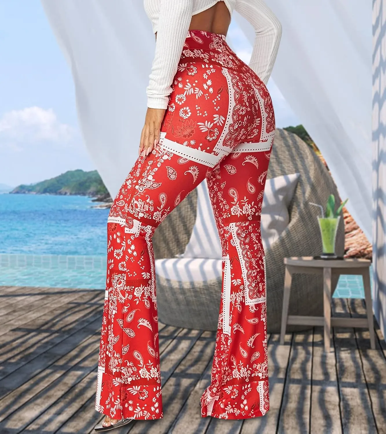 Boho Flare Pants for Women - Rave High Waisted Bell Bottom Retro 70s Disco EDM Floral Wide Leg Legging