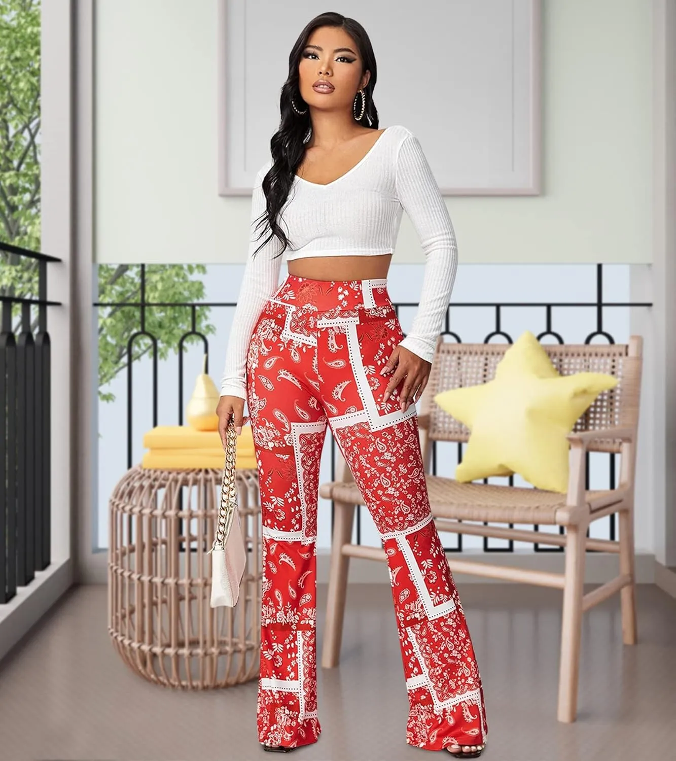 Boho Flare Pants for Women - Rave High Waisted Bell Bottom Retro 70s Disco EDM Floral Wide Leg Legging