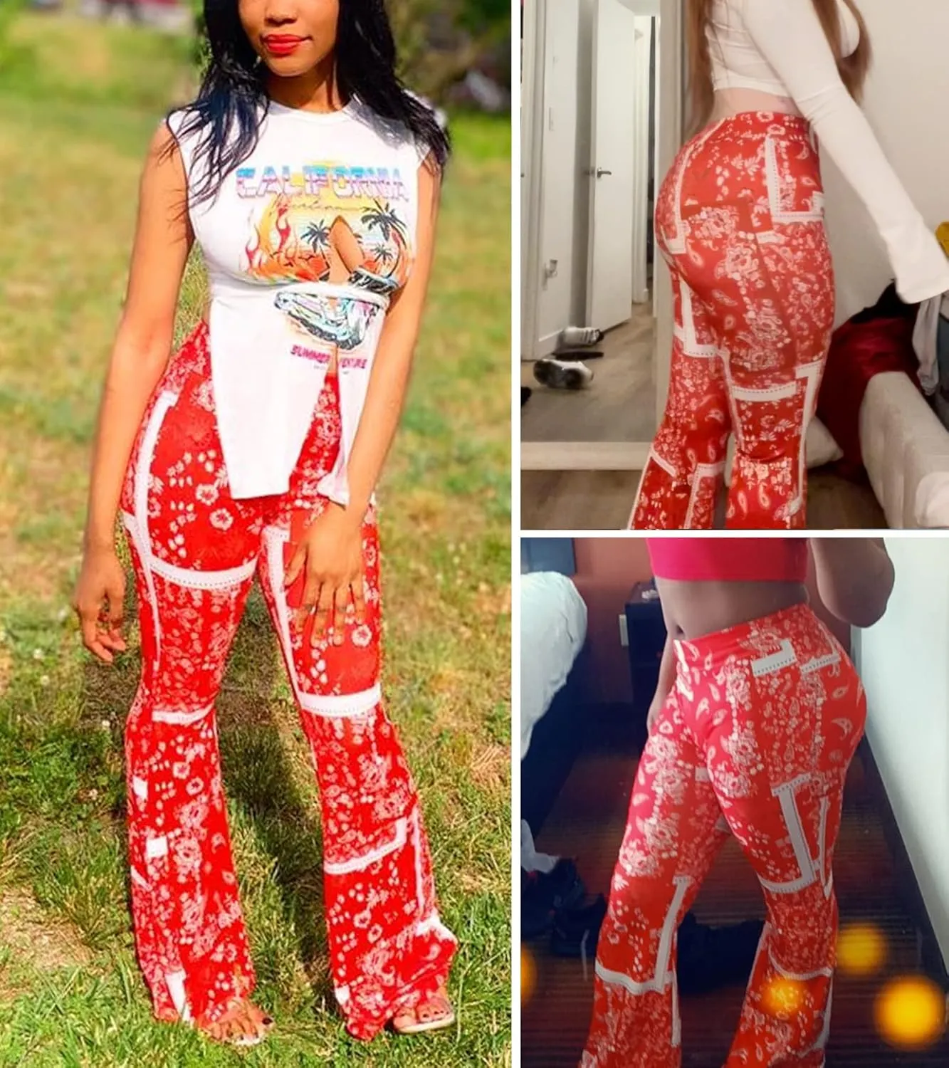 Boho Flare Pants for Women - Rave High Waisted Bell Bottom Retro 70s Disco EDM Floral Wide Leg Legging