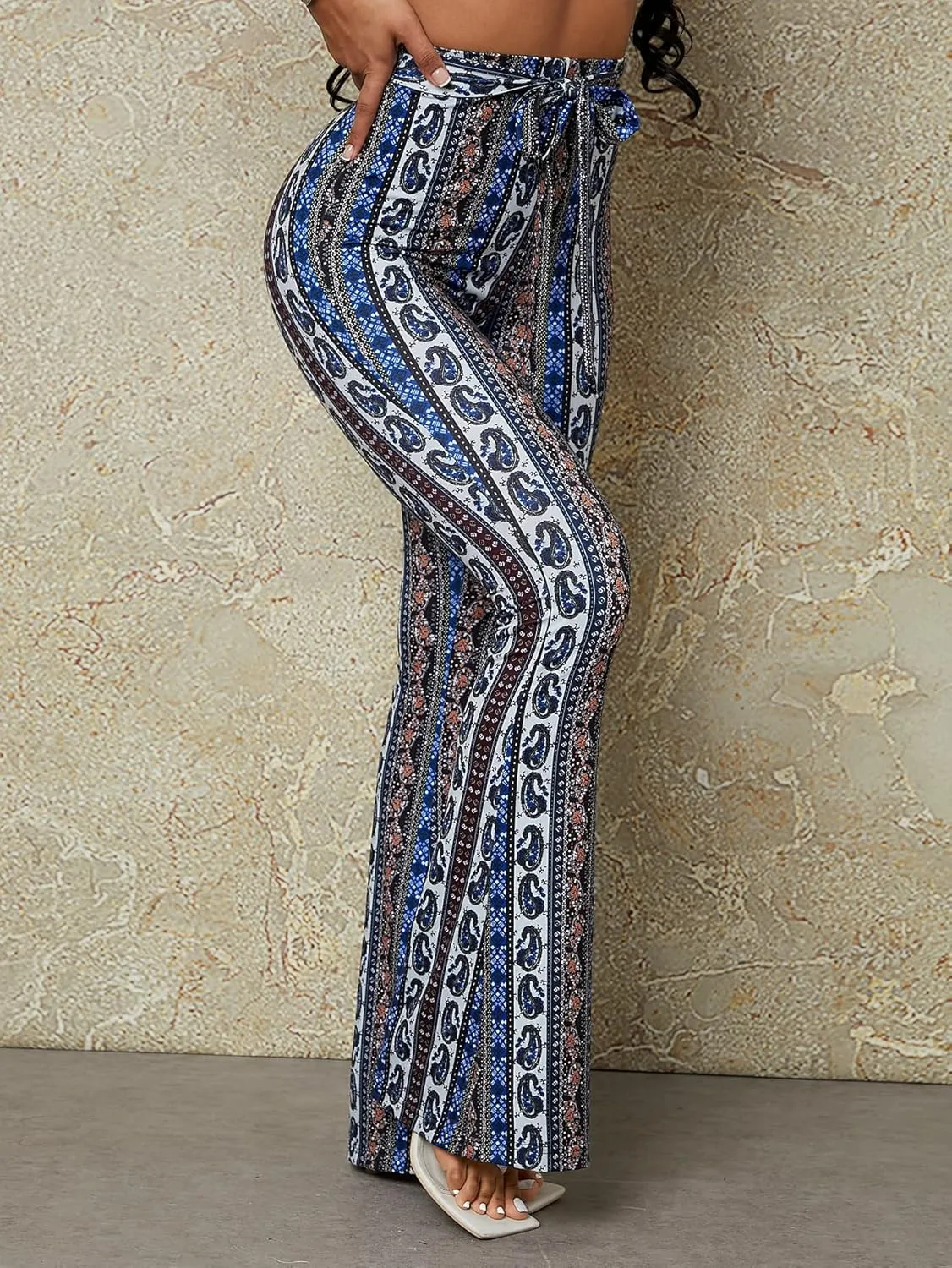 Boho Flare Pants for Women - Rave High Waisted Bell Bottom Retro 70s Disco EDM Floral Wide Leg Legging