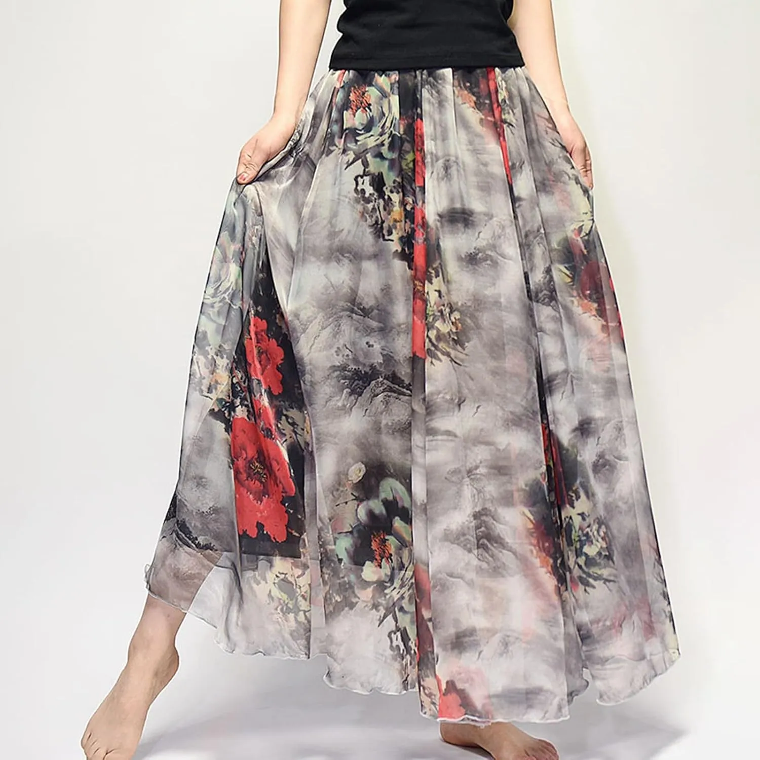 Boho Long Skirts for Women Summer Chiffon Floral Maxi Skirt Flowy High Waist A Line Pleated Skirts Cute Bohemian Beach Dress