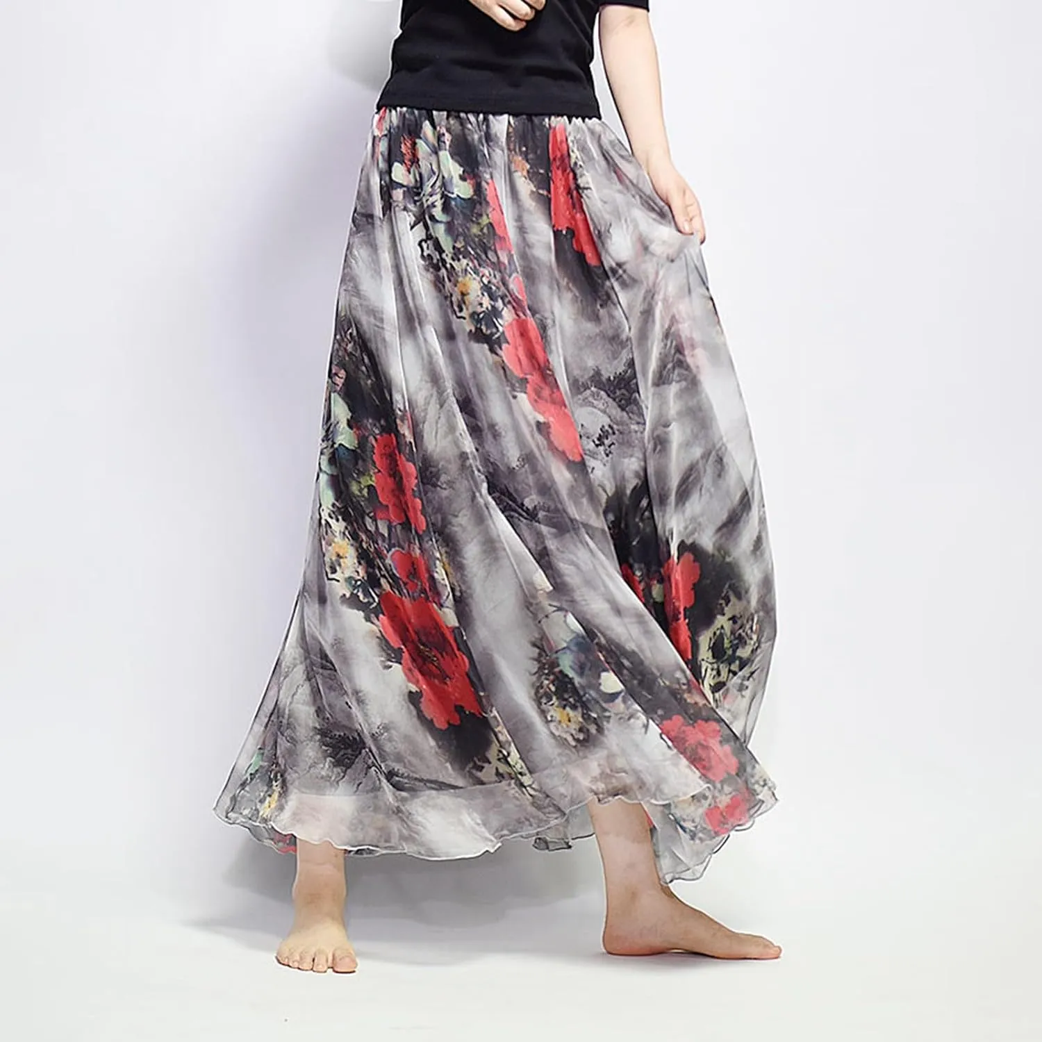 Boho Long Skirts for Women Summer Chiffon Floral Maxi Skirt Flowy High Waist A Line Pleated Skirts Cute Bohemian Beach Dress