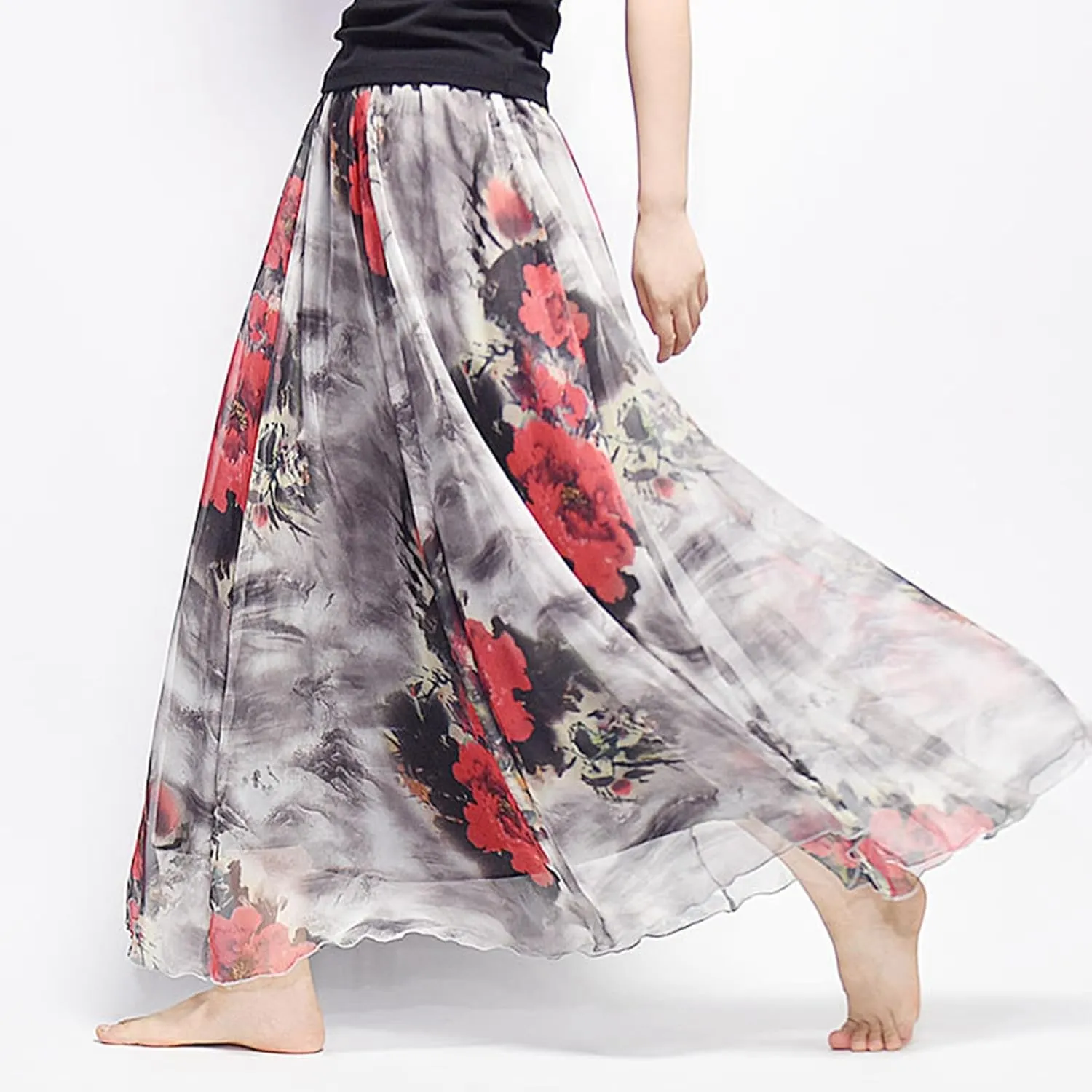 Boho Long Skirts for Women Summer Chiffon Floral Maxi Skirt Flowy High Waist A Line Pleated Skirts Cute Bohemian Beach Dress