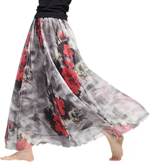 Boho Long Skirts for Women Summer Chiffon Floral Maxi Skirt Flowy High Waist A Line Pleated Skirts Cute Bohemian Beach Dress