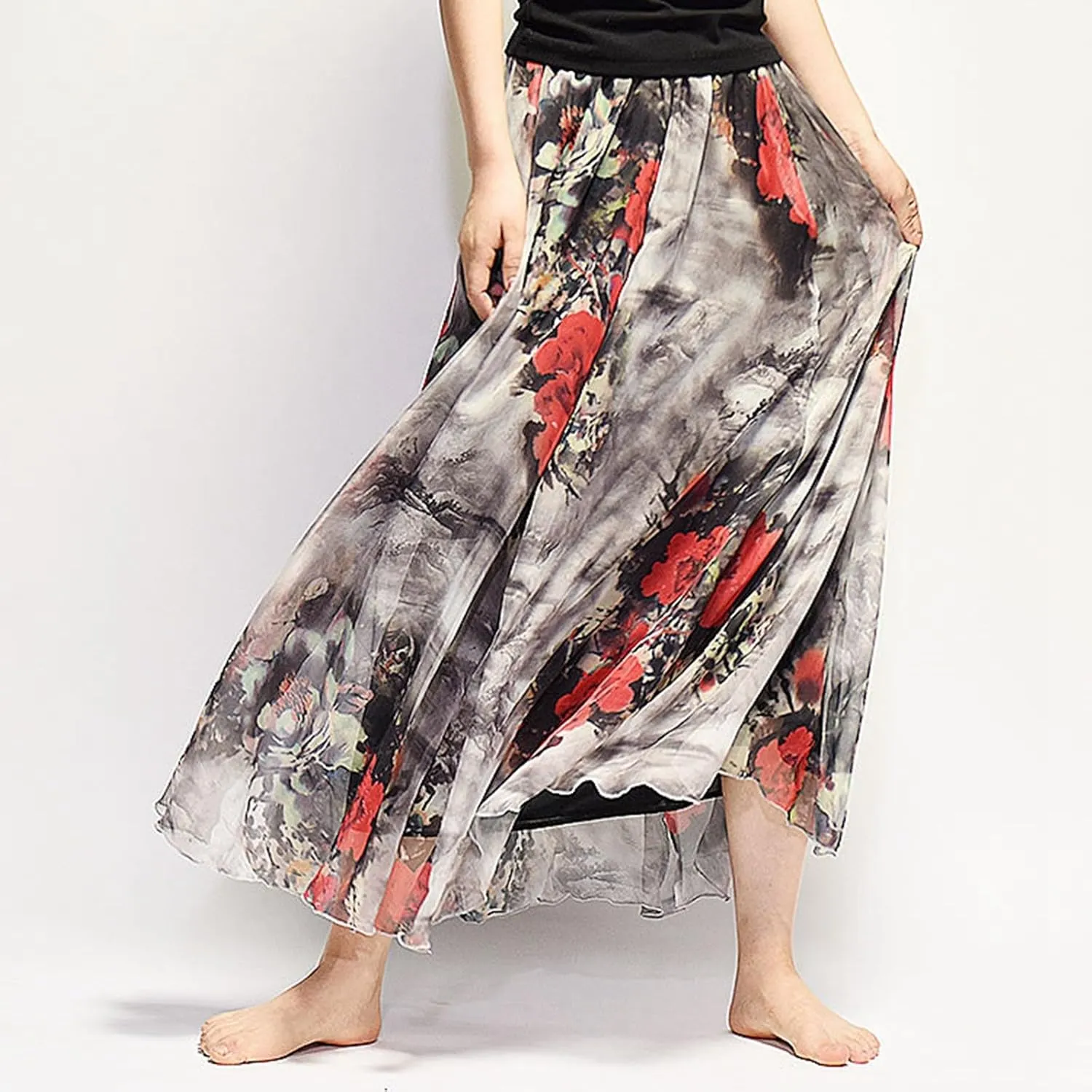 Boho Long Skirts for Women Summer Chiffon Floral Maxi Skirt Flowy High Waist A Line Pleated Skirts Cute Bohemian Beach Dress