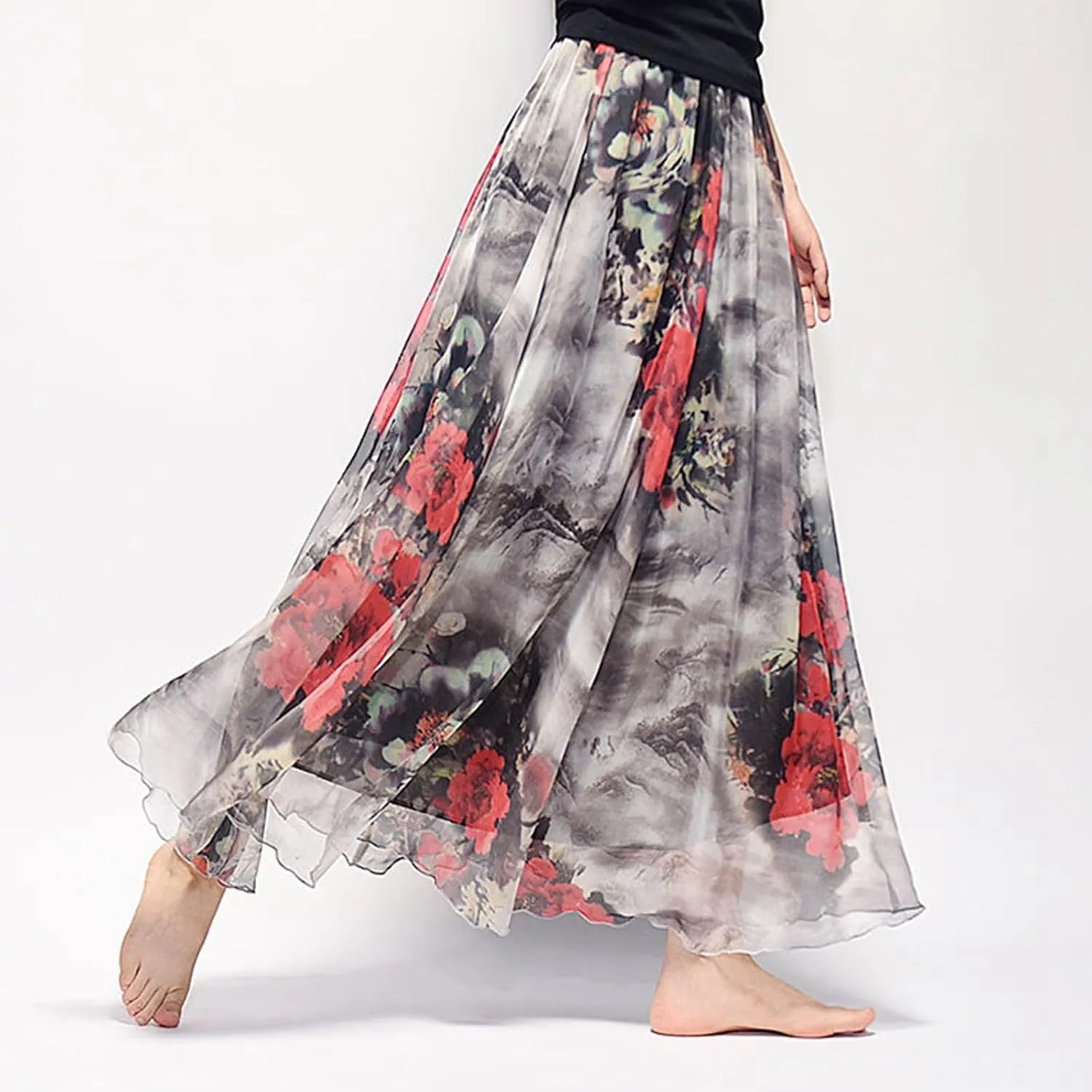 Boho Long Skirts for Women Summer Chiffon Floral Maxi Skirt Flowy High Waist A Line Pleated Skirts Cute Bohemian Beach Dress