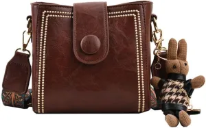 Bootara Bucket Bag, Fashion Crossbody Bag, Leather Crossbody Purse with Vintage Bunny Charm for Women with Adjustable Strap