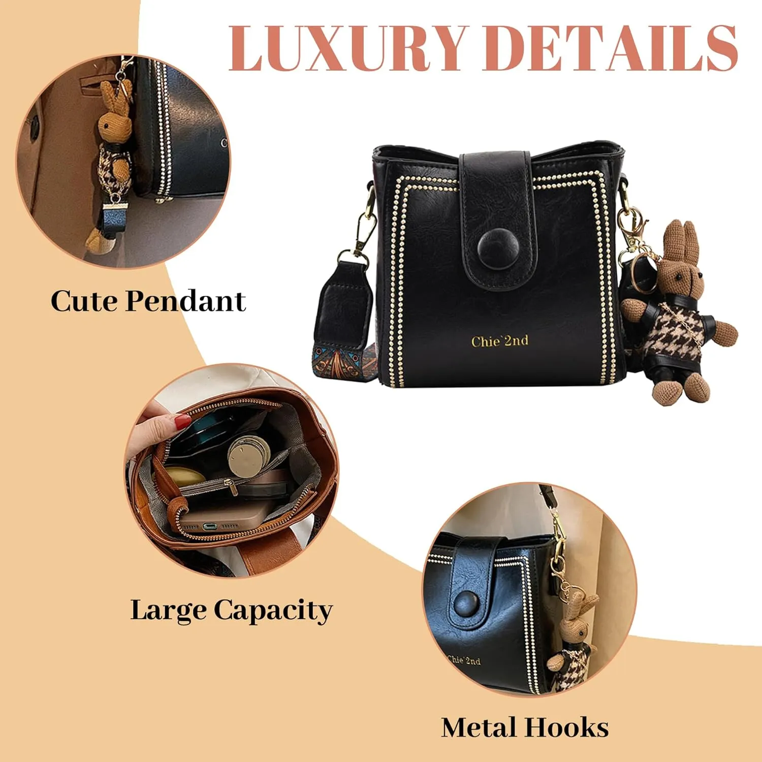 Bootara Bucket Bag Vintage Crossbody Bag With Bunny Charm Small Womens Retro Water Bucket Shoulder Bag