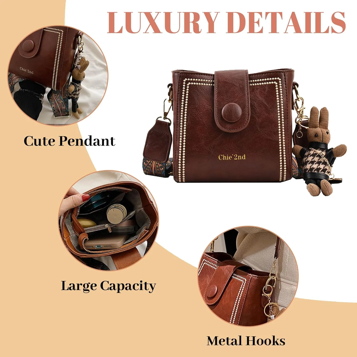 Bootara Bucket Bag Vintage Crossbody Bag With Bunny Charm Small Womens Retro Water Bucket Shoulder Bag