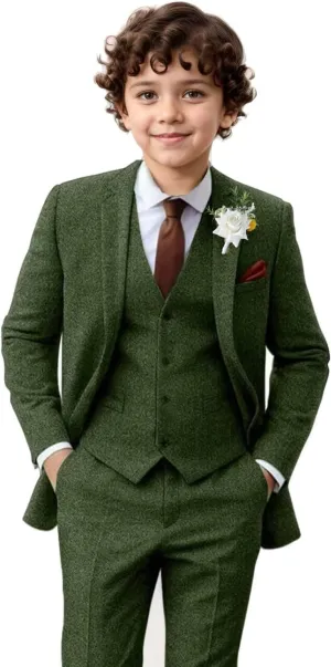 Boy Suit Tweed 3 Pieces Herringbone Slim Fit Formal Stylish Vest Tuxedo Pants Wedding Homecoming Dress wear Set