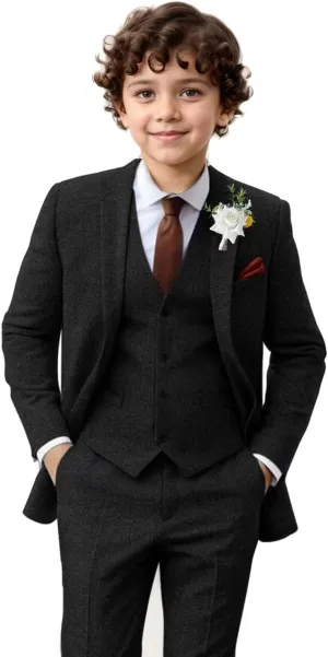 Boy Suit Tweed 3 Pieces Herringbone Slim Fit Formal Stylish Vest Tuxedo Pants Wedding Homecoming Dress wear Set