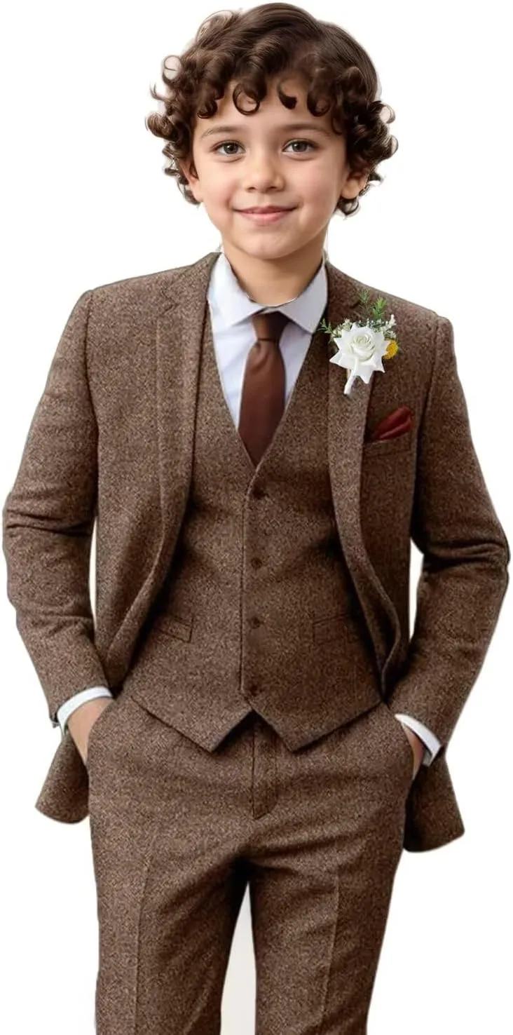 Boy Suit Tweed 3 Pieces Herringbone Slim Fit Formal Stylish Vest Tuxedo Pants Wedding Homecoming Dress wear Set
