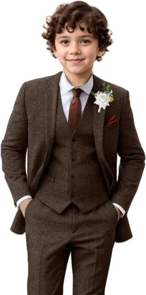 Boy Suit Tweed 3 Pieces Herringbone Slim Fit Formal Stylish Vest Tuxedo Pants Wedding Homecoming Dress wear Set