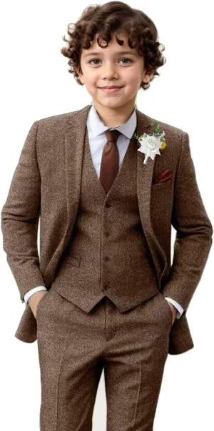Boy Suit Tweed 3 Pieces Herringbone Slim Fit Formal Stylish Vest Tuxedo Pants Wedding Homecoming Dress wear Set