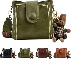 Bucket Bag, Vintage Crossbody Bag with Adjustable Wider Shoulder Strap, with Cute Rabbit Pendant.
