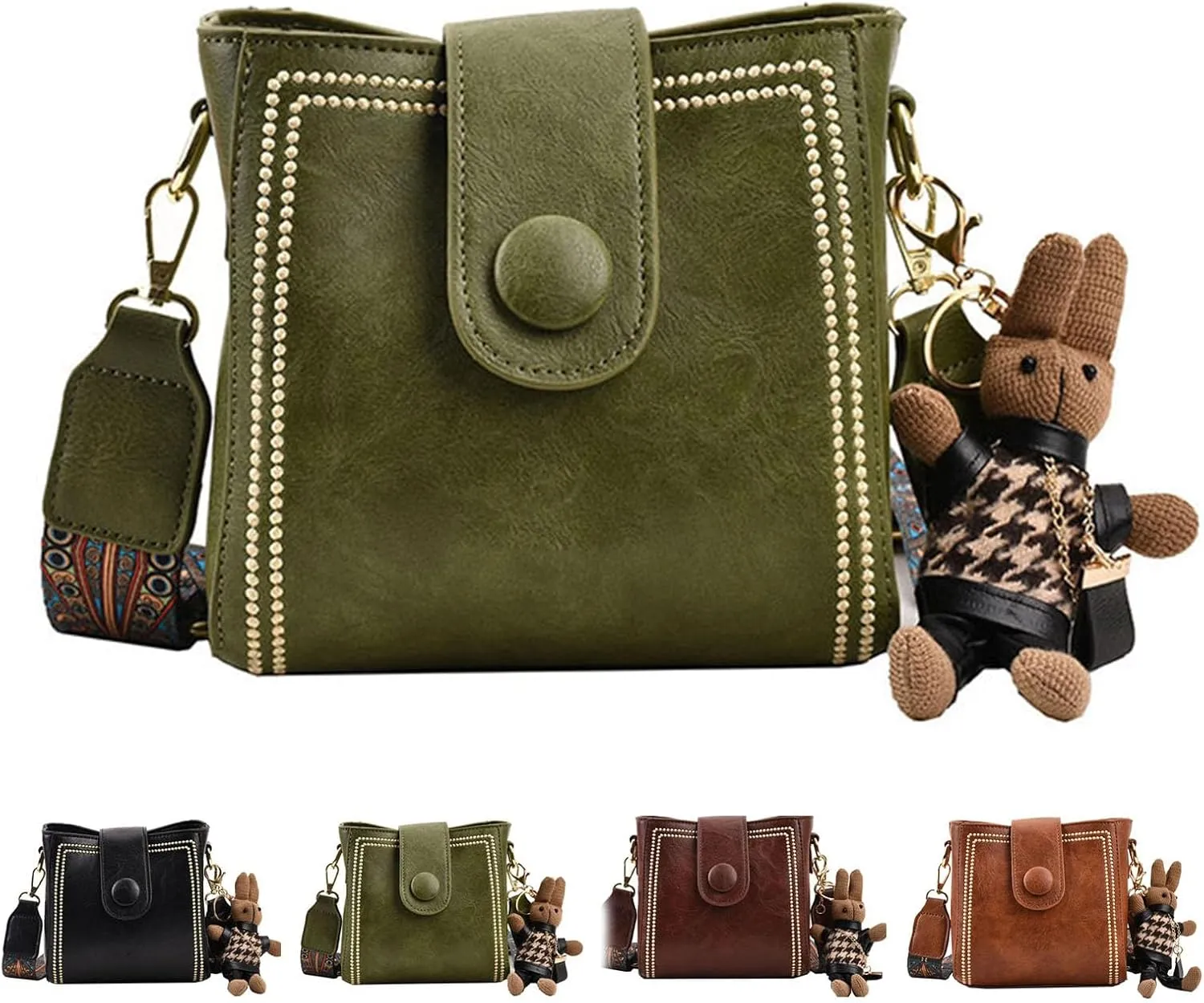 Bucket Bag, Vintage Crossbody Bag with Adjustable Wider Shoulder Strap, with Cute Rabbit Pendant.