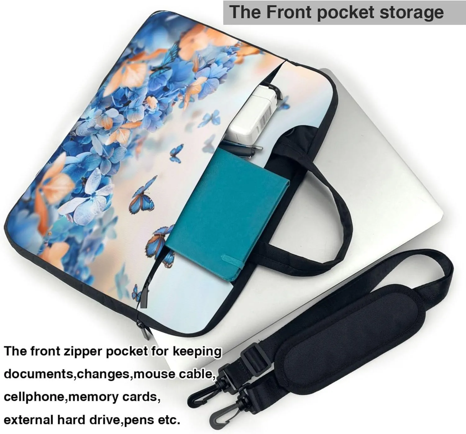 Butterfly Flower Laptop Shoulder Bag for Women, Floral Hydrangeas Laptop Sleeve Case Durable Computer Bag