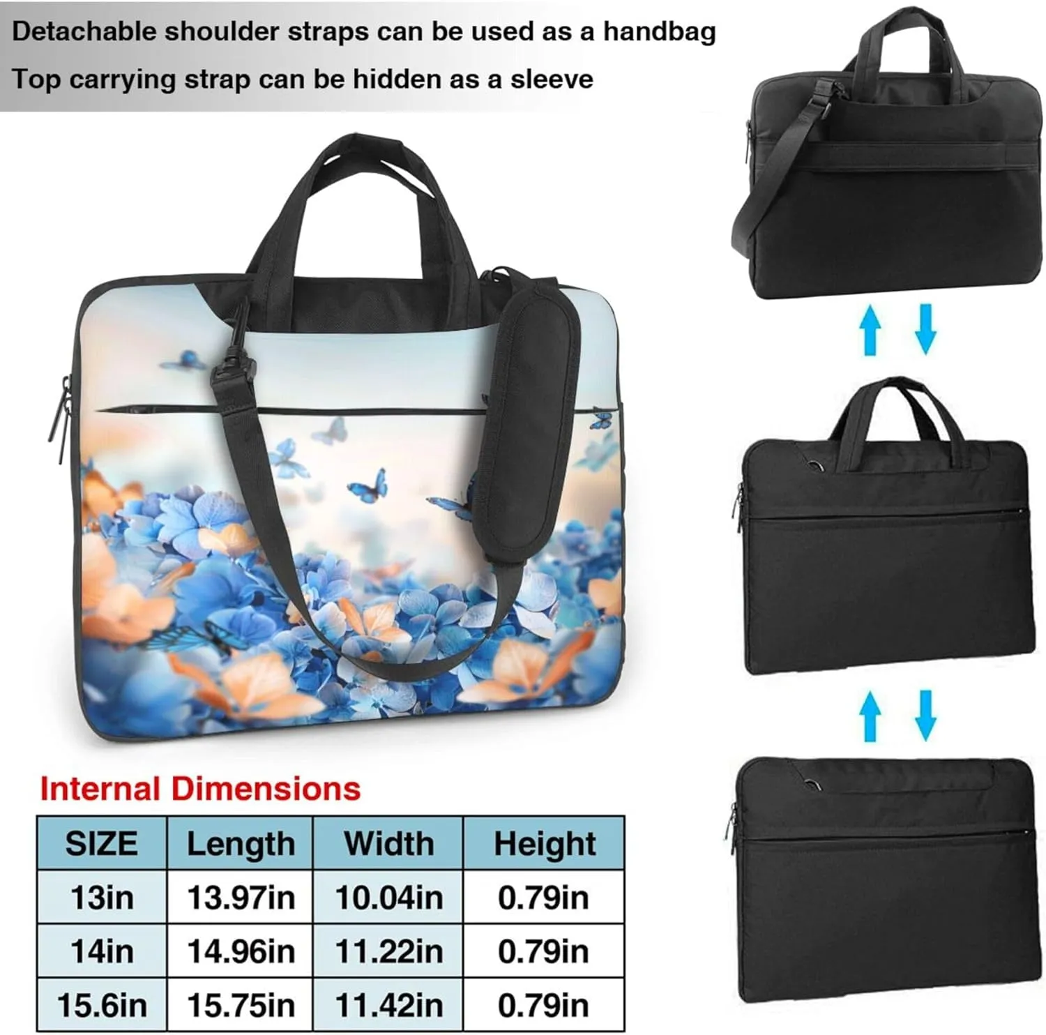 Butterfly Flower Laptop Shoulder Bag for Women, Floral Hydrangeas Laptop Sleeve Case Durable Computer Bag