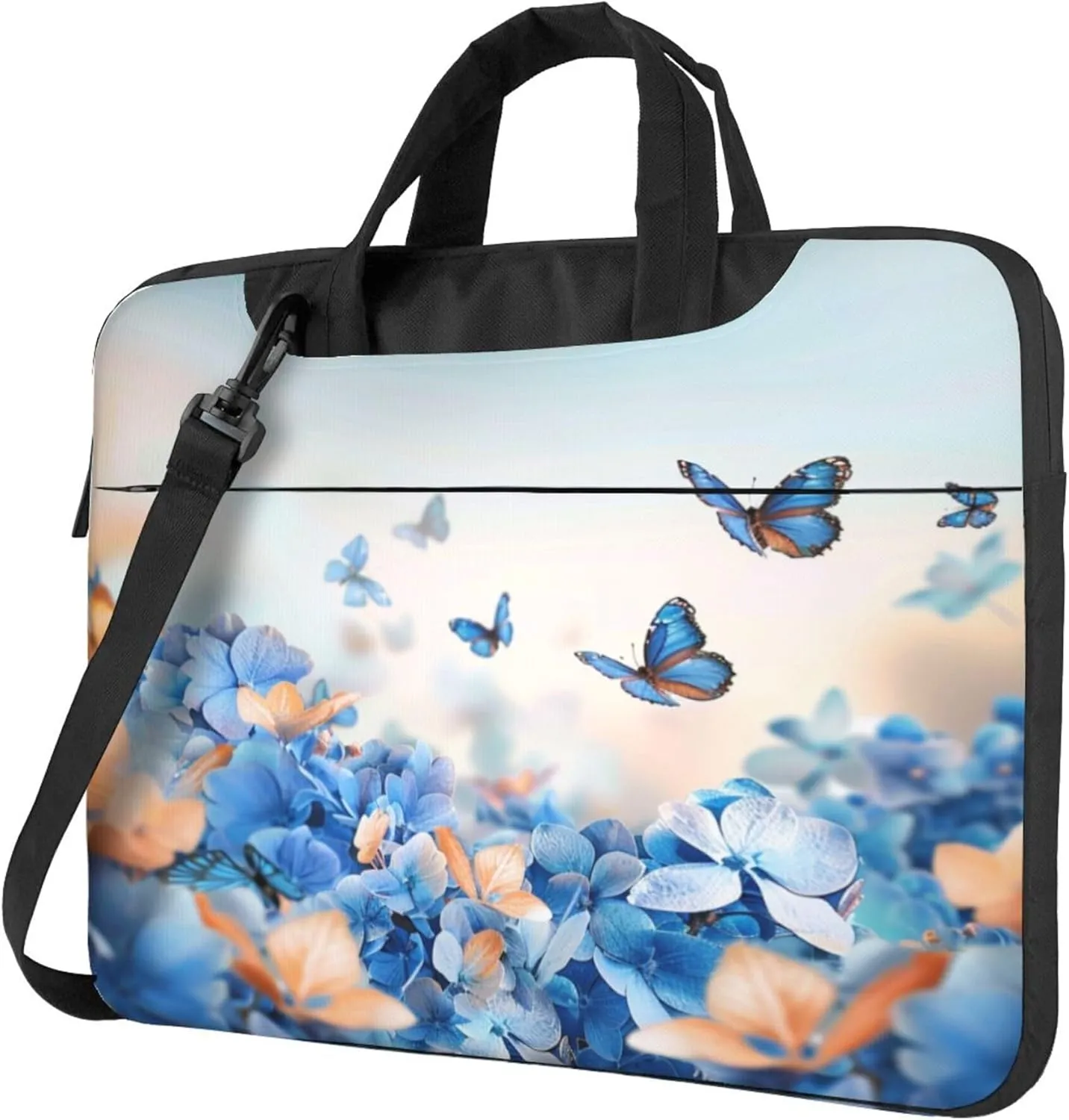 Butterfly Flower Laptop Shoulder Bag for Women, Floral Hydrangeas Laptop Sleeve Case Durable Computer Bag