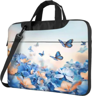 Butterfly Flower Laptop Shoulder Bag for Women, Floral Hydrangeas Laptop Sleeve Case Durable Computer Bag