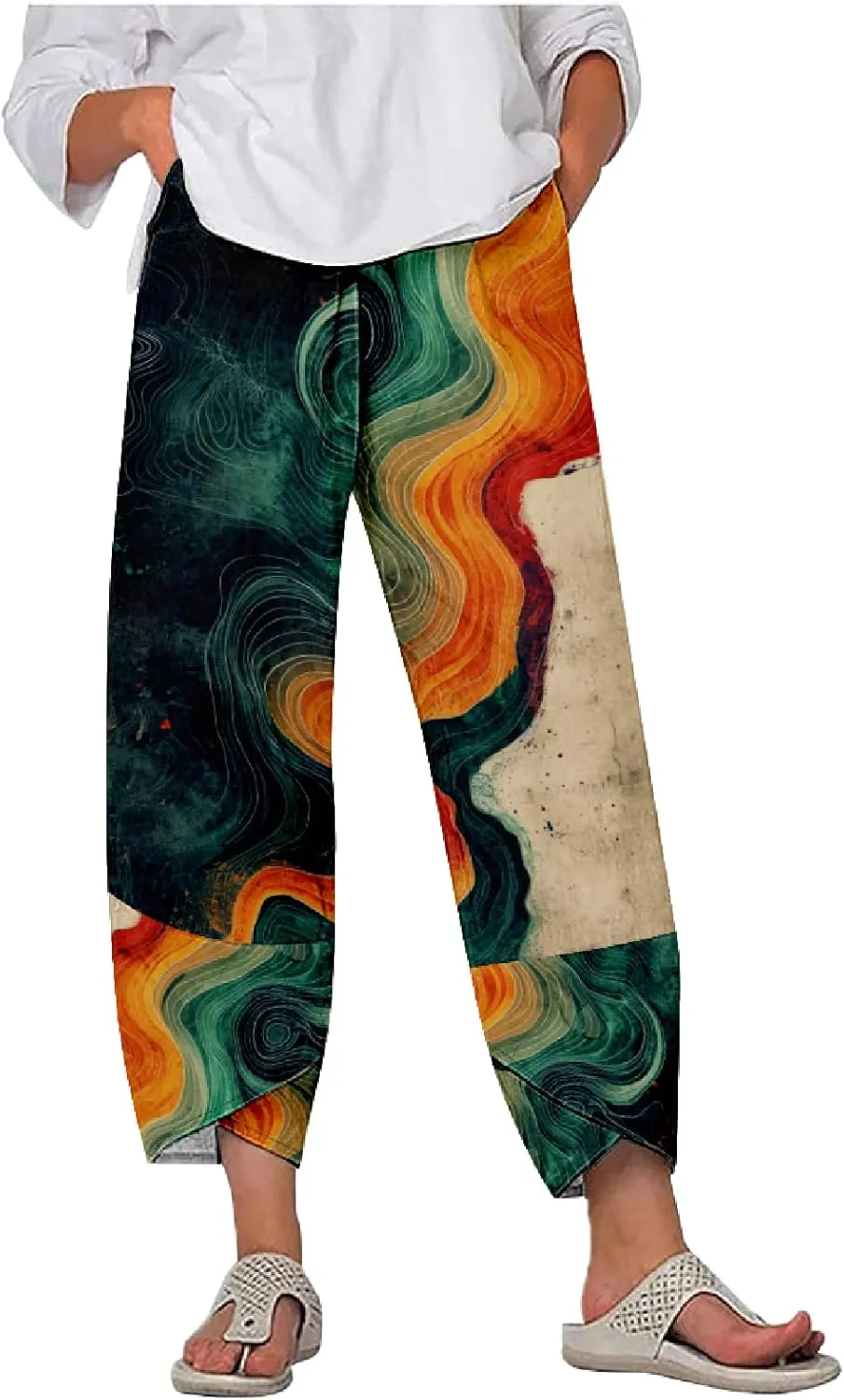 Capri Pants Casual Summer Printed Cropped Linen Blend Comfy Baggy Trousers with Pockets Wide Leg Pants Woman