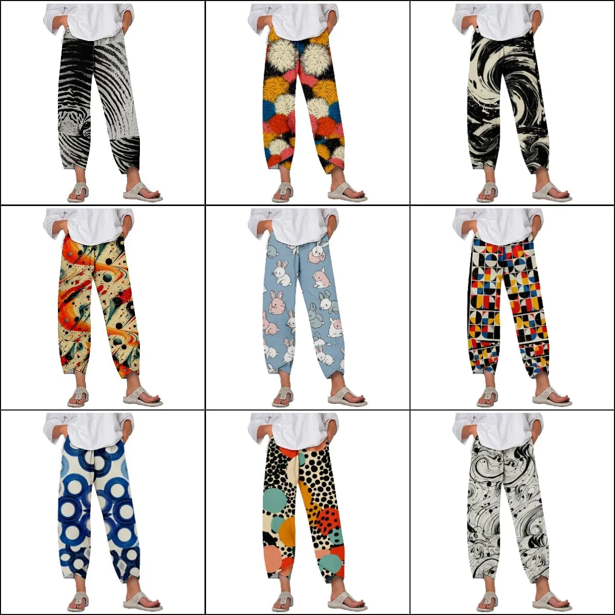 Capri Pants Casual Summer Printed Cropped Linen Blend Comfy Baggy Trousers with Pockets Wide Leg Pants Woman