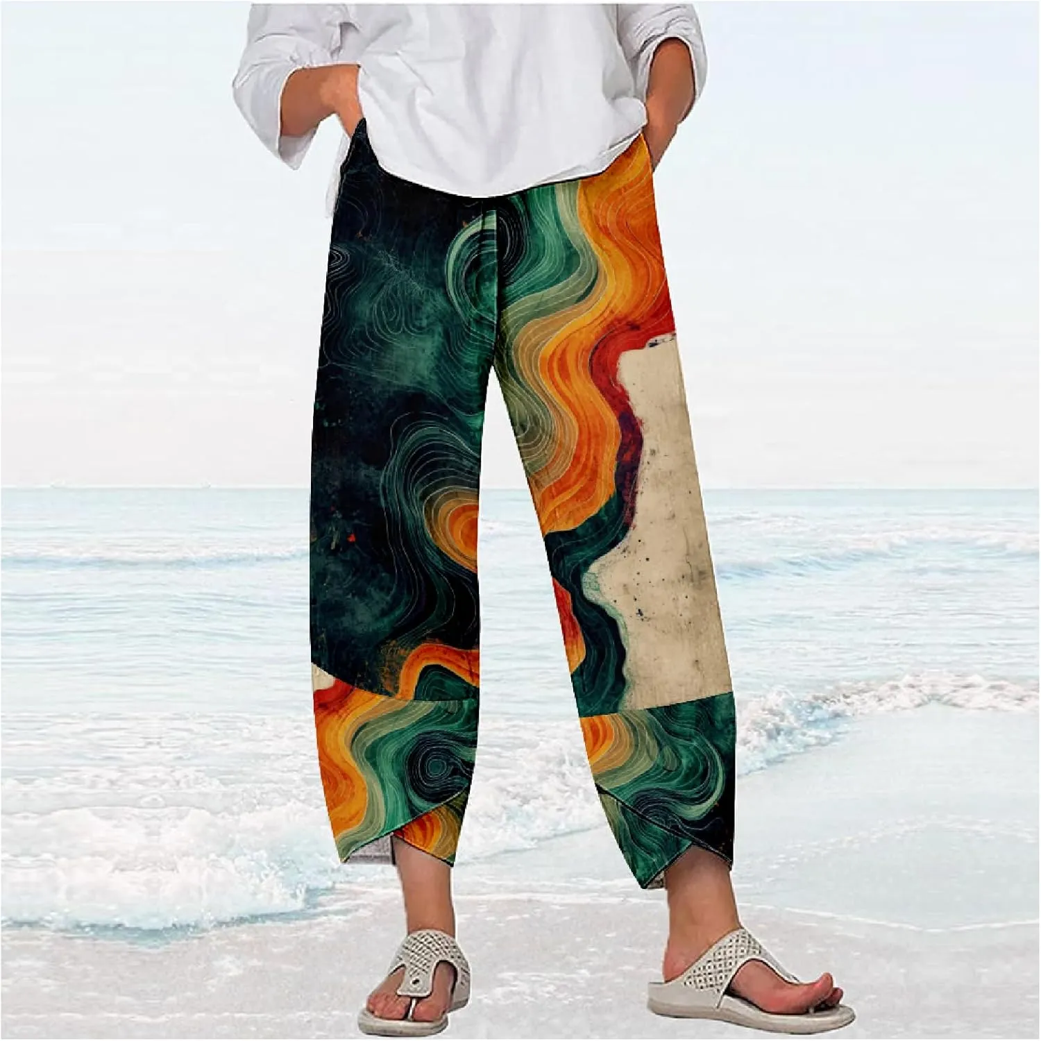 Capri Pants Casual Summer Printed Cropped Linen Blend Comfy Baggy Trousers with Pockets Wide Leg Pants Woman