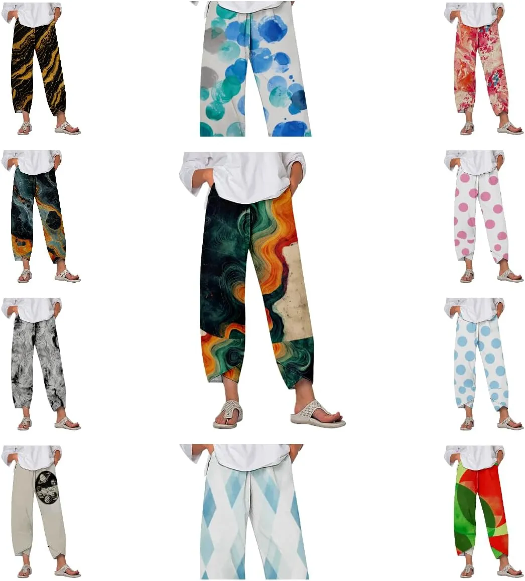 Capri Pants Casual Summer Printed Cropped Linen Blend Comfy Baggy Trousers with Pockets Wide Leg Pants Woman