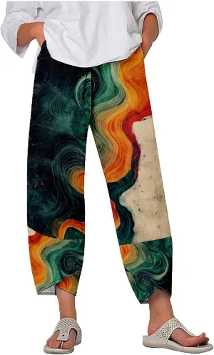 Capri Pants Casual Summer Printed Cropped Linen Blend Comfy Baggy Trousers with Pockets Wide Leg Pants Woman