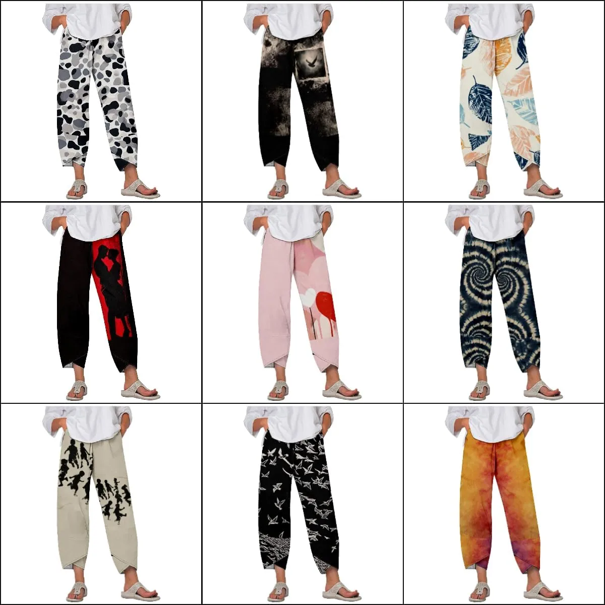 Capri Pants for Women Casual Summer Printed Cropped Linen Blend Dressy Baggy Trousers with Pockets Lounge Pants
