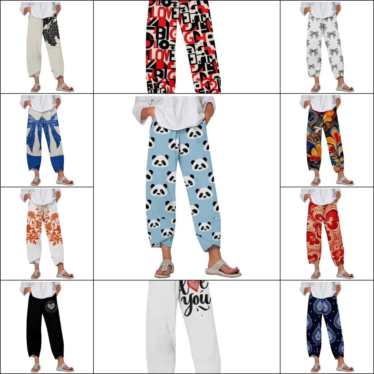 Capri Pants for Women Casual Summer Printed Cropped Linen Blend Dressy Baggy Trousers with Pockets Lounge Pants