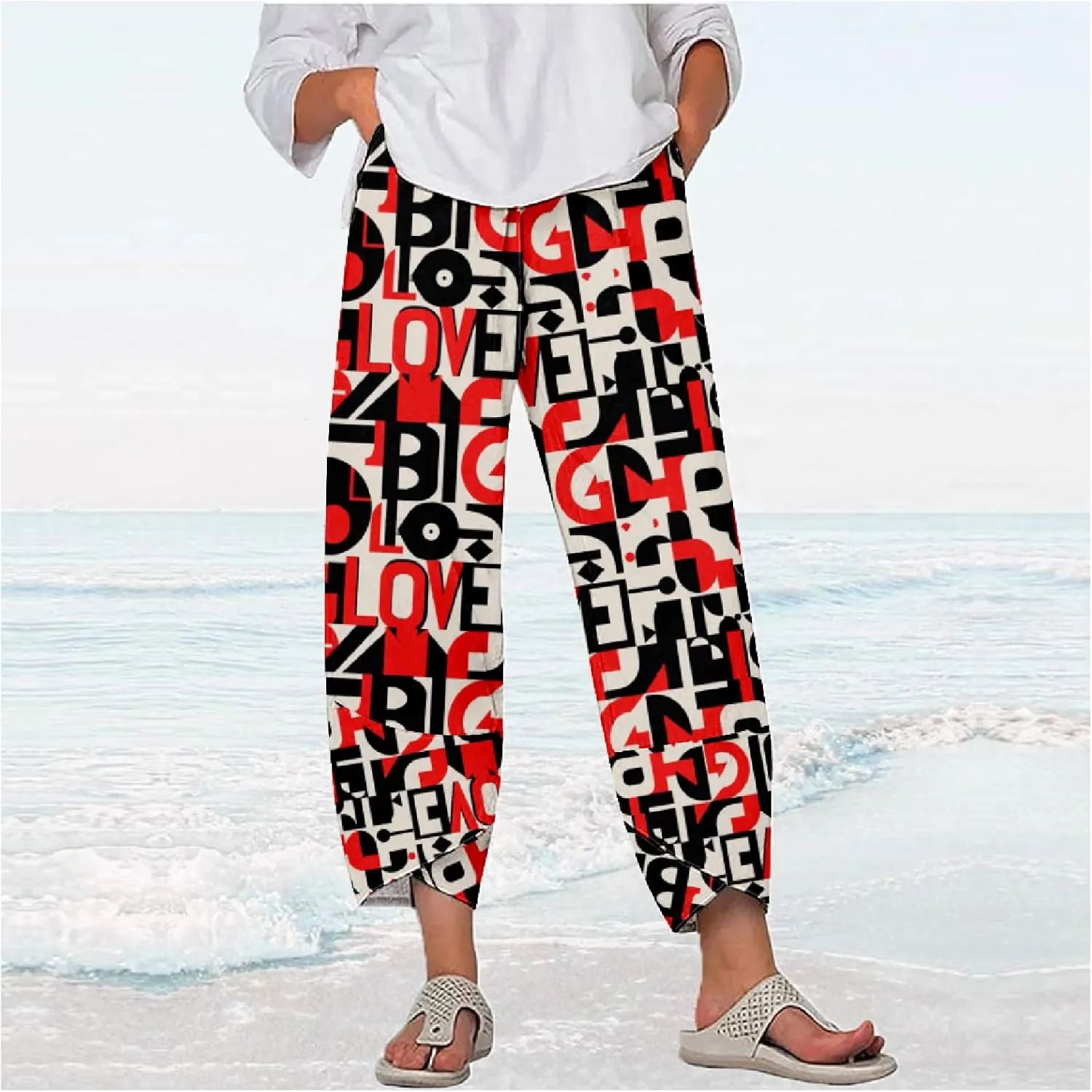 Capri Pants for Women Casual Summer Printed Cropped Linen Blend Dressy Baggy Trousers with Pockets Lounge Pants