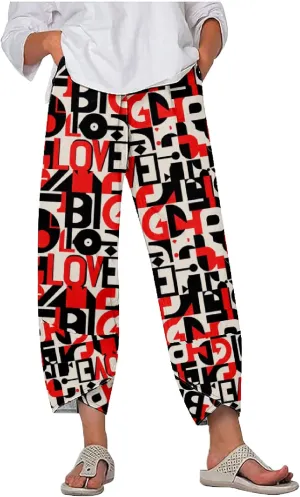 Capri Pants for Women Casual Summer Printed Cropped Linen Blend Dressy Baggy Trousers with Pockets Lounge Pants