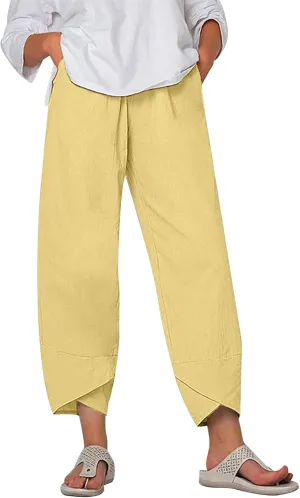 Capri Pants for Women Summer Casual Linen Pants Baggy Wide Leg Cropped Pants with Pockets High Waisted Linen Capris Trousers