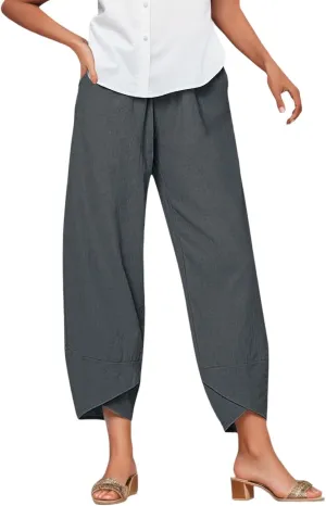 Capri Pants for Women Summer Casual Linen Pants Baggy Wide Leg Cropped Pants with Pockets High Waisted Linen Capris Trousers
