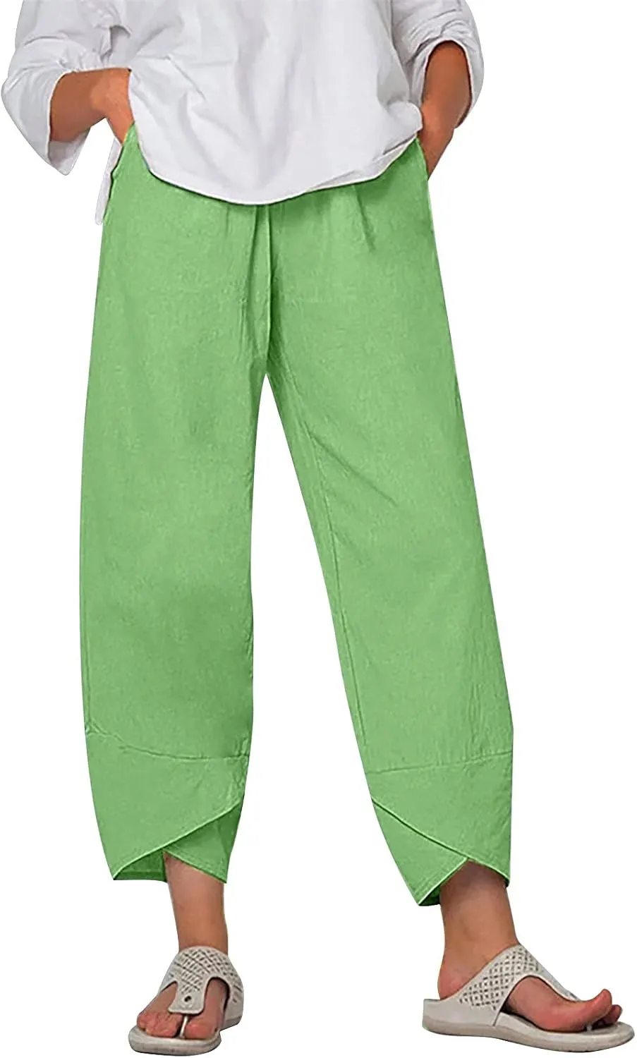 Capri Pants for Women Summer Casual Linen Pants Baggy Wide Leg Cropped Pants with Pockets High Waisted Linen Capris Trousers