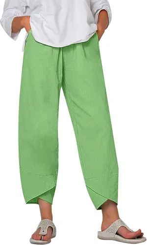 Capri Pants for Women Summer Casual Linen Pants Baggy Wide Leg Cropped Pants with Pockets High Waisted Linen Capris Trousers