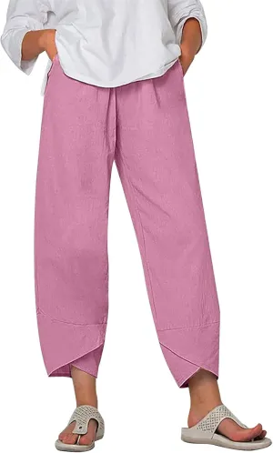 Capri Pants for Women Summer Casual Linen Pants Baggy Wide Leg Cropped Pants with Pockets High Waisted Linen Capris Trousers