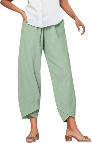 Capri Pants for Women Summer Casual Linen Pants Baggy Wide Leg Cropped Pants with Pockets High Waisted Linen Capris Trousers