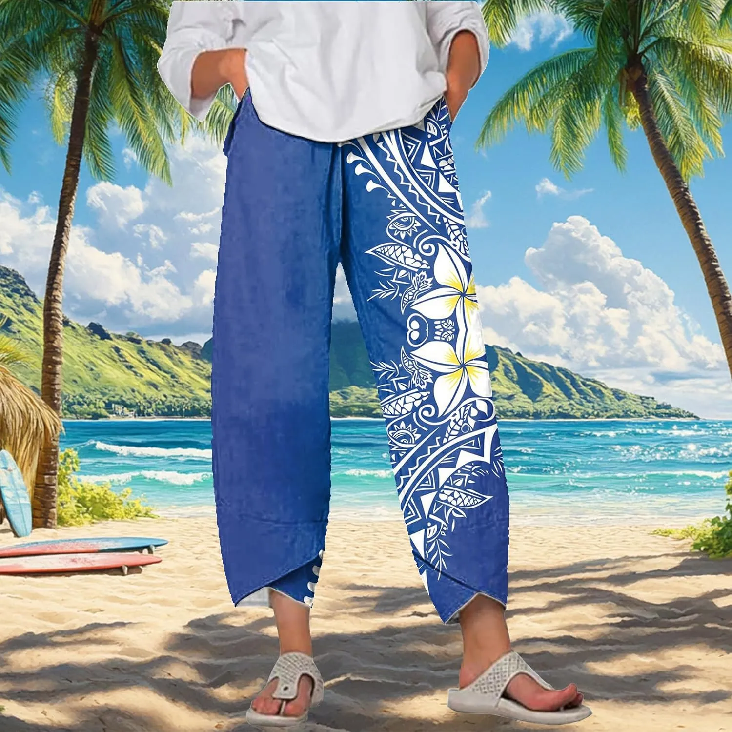 Capri Pants for Women Wide Leg Plus Size Casual Summer Beach Elastic Waist 2025 Fashion Trendy Pants with Pockets