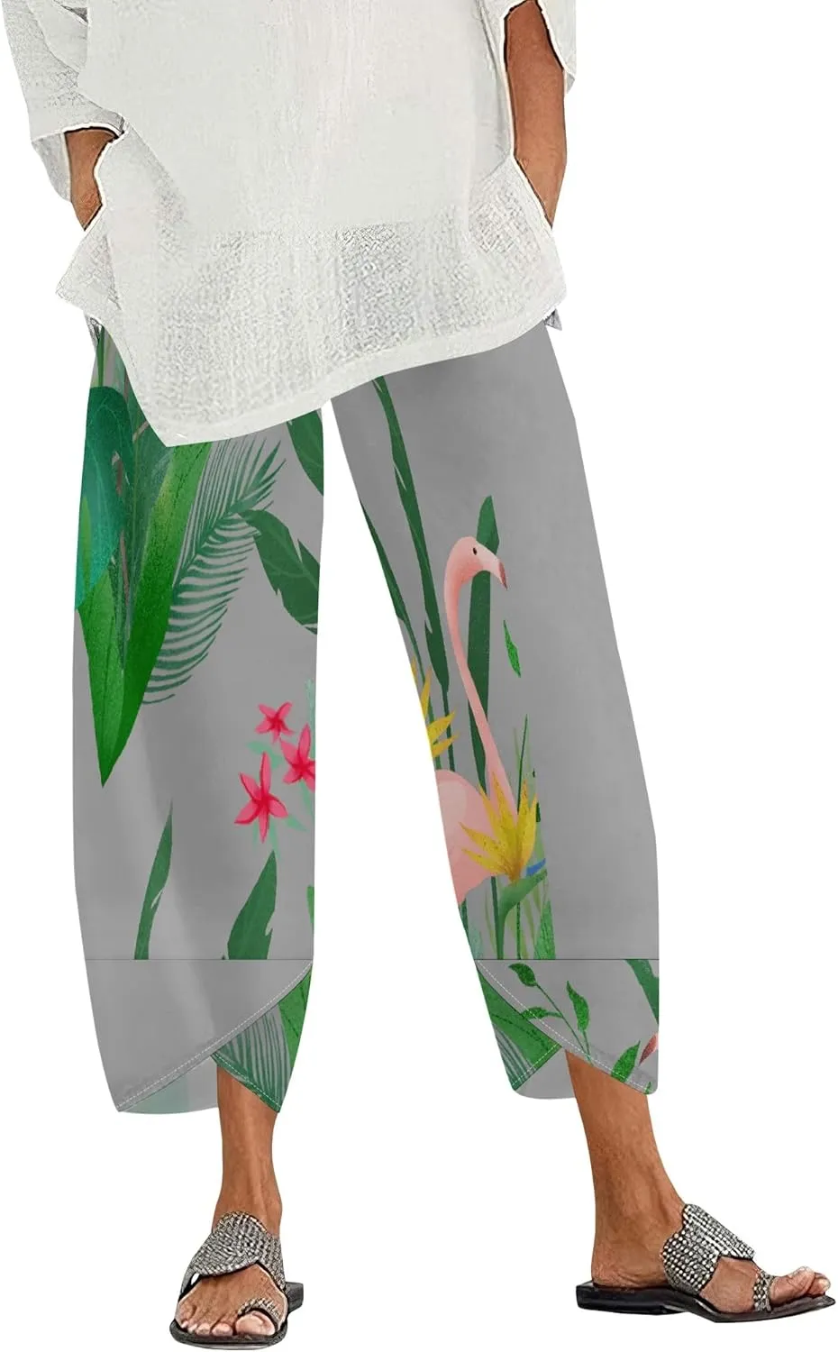Capris Pants for Women 2025 Summer Printed Baggy Cropped Wide Leg High Elastic Waist Trousers Beach Vacation Pant