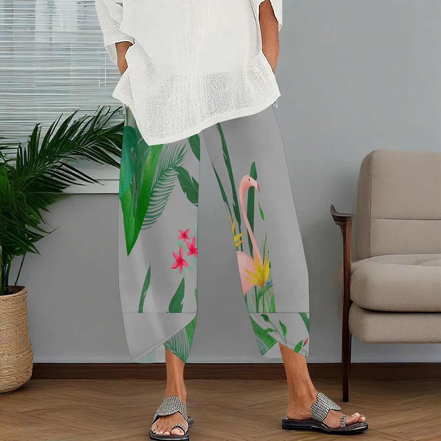 Capris Pants for Women 2025 Summer Printed Baggy Cropped Wide Leg High Elastic Waist Trousers Beach Vacation Pant