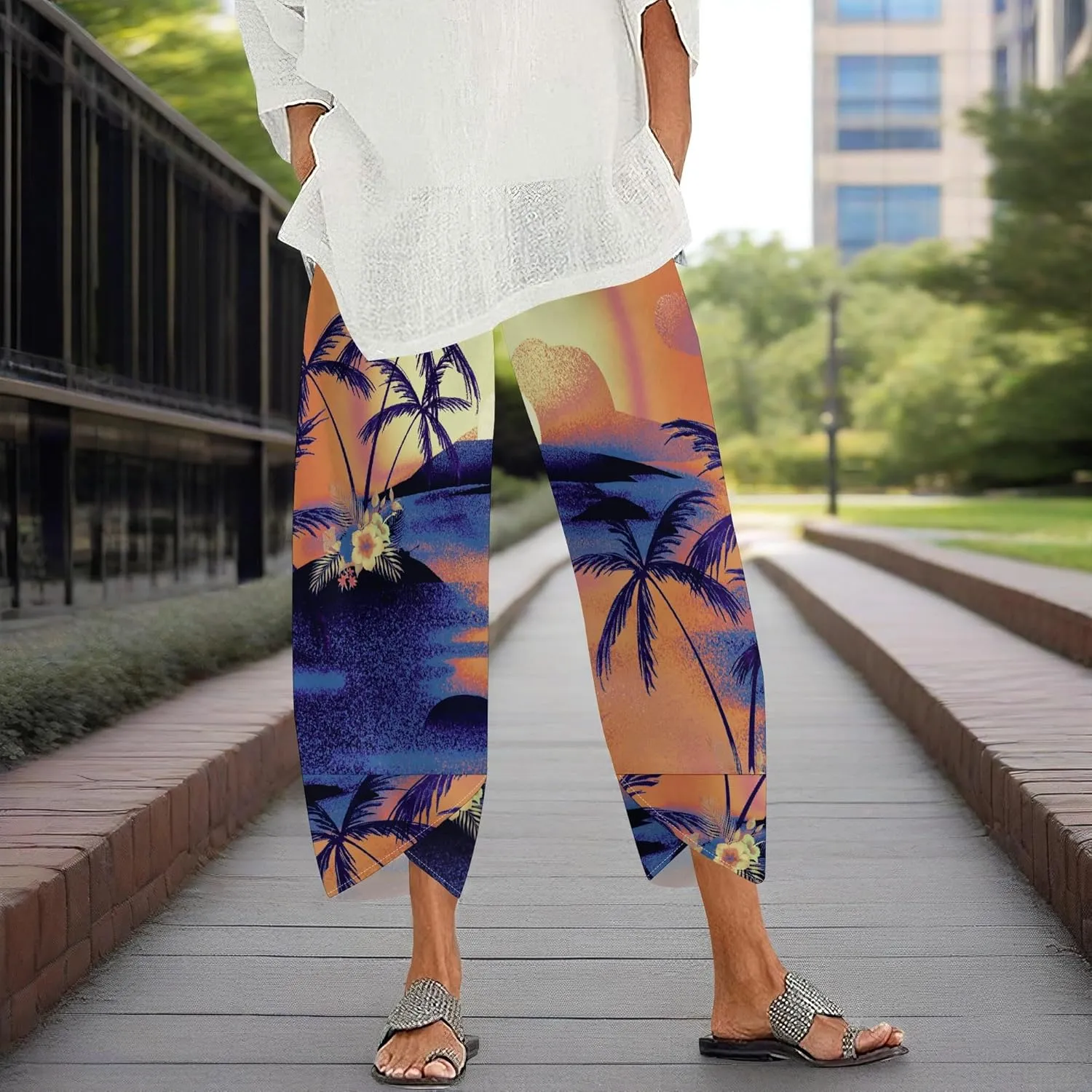Capris Pants for Women 2025 Summer Printed Baggy Cropped Wide Leg High Elastic Waist Trousers Beach Vacation Pant