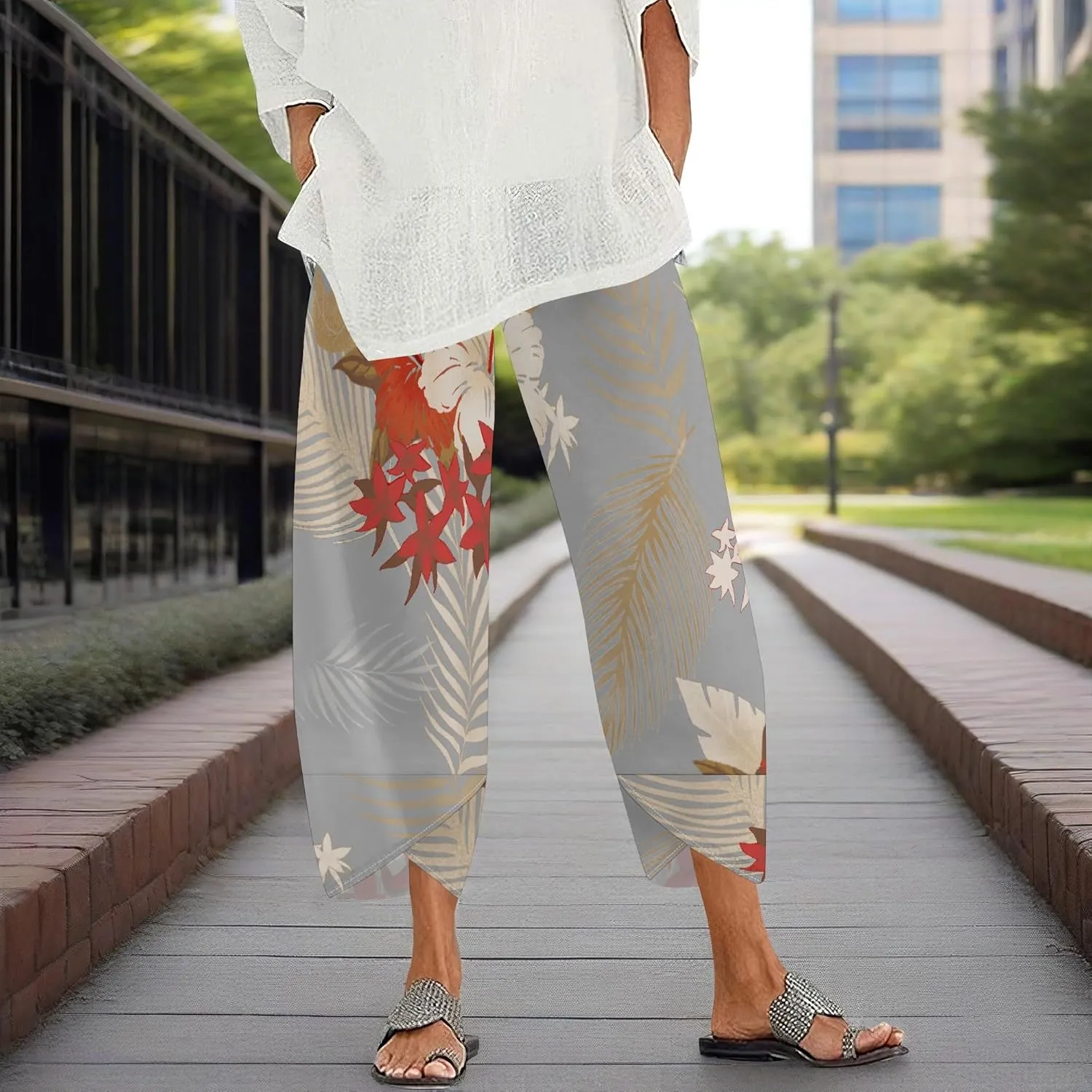 Capris Pants for Women 2025 Summer Printed Baggy Cropped Wide Leg High Elastic Waist Trousers Beach Vacation Pant