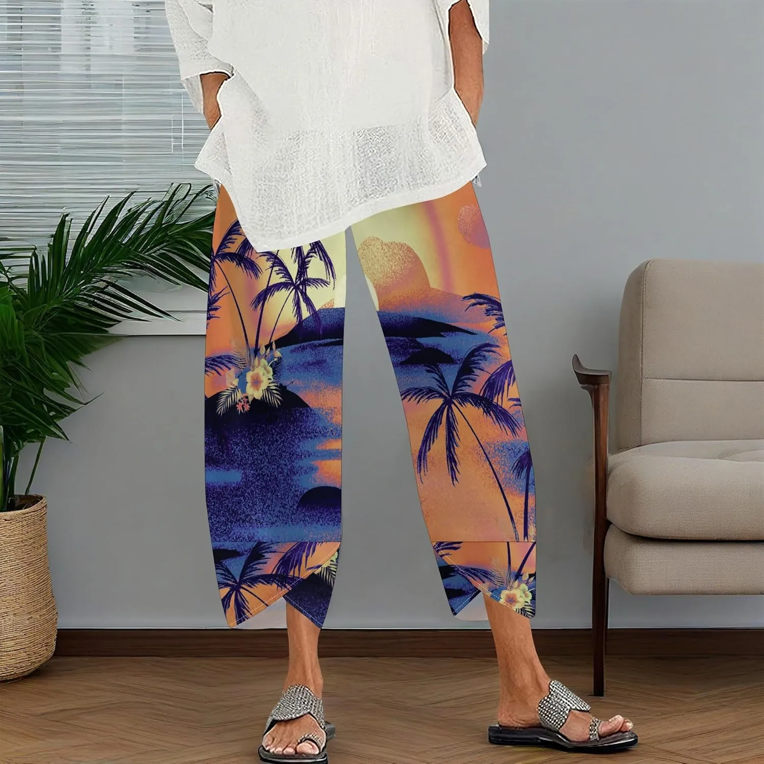 Capris Pants for Women 2025 Summer Printed Baggy Cropped Wide Leg High Elastic Waist Trousers Beach Vacation Pant