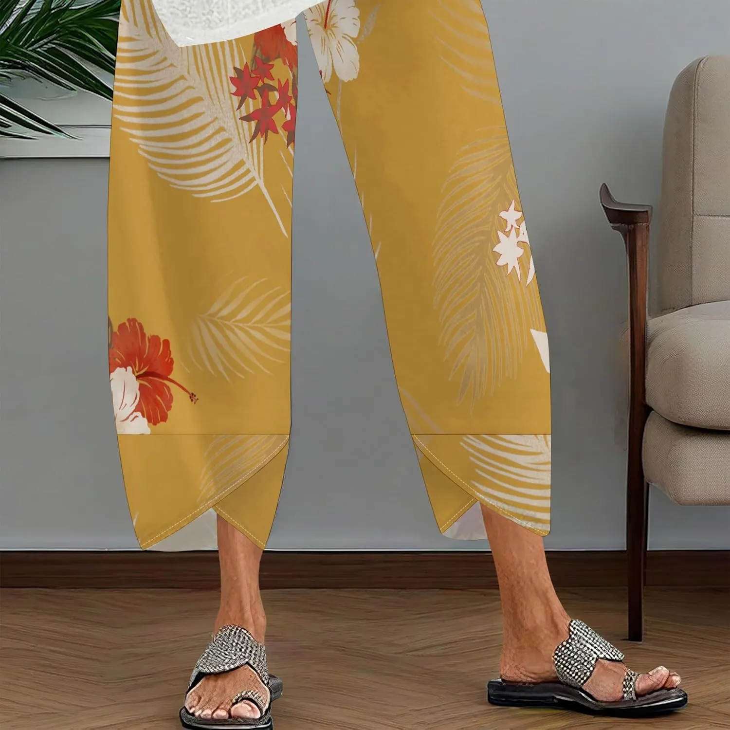 Capris Pants for Women 2025 Summer Printed Baggy Cropped Wide Leg High Elastic Waist Trousers Beach Vacation Pant