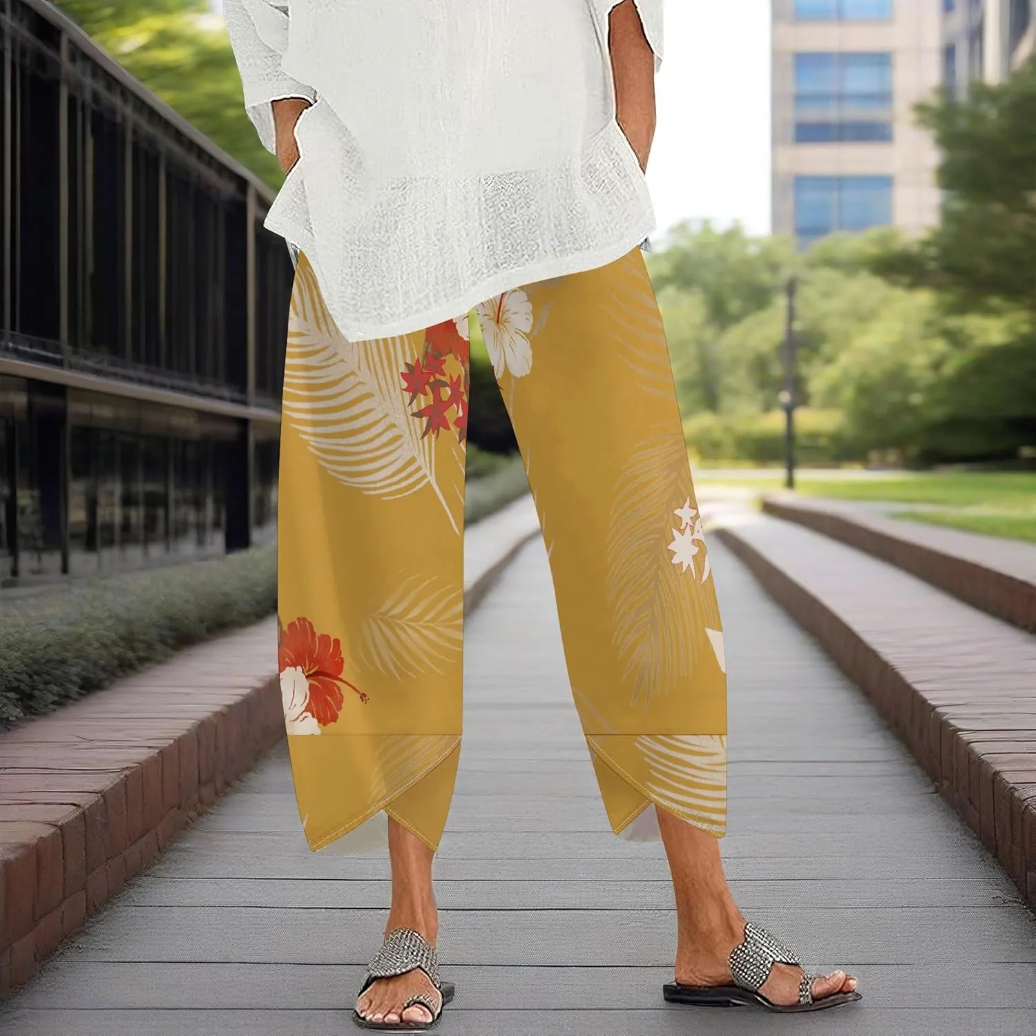 Capris Pants for Women 2025 Summer Printed Baggy Cropped Wide Leg High Elastic Waist Trousers Beach Vacation Pant