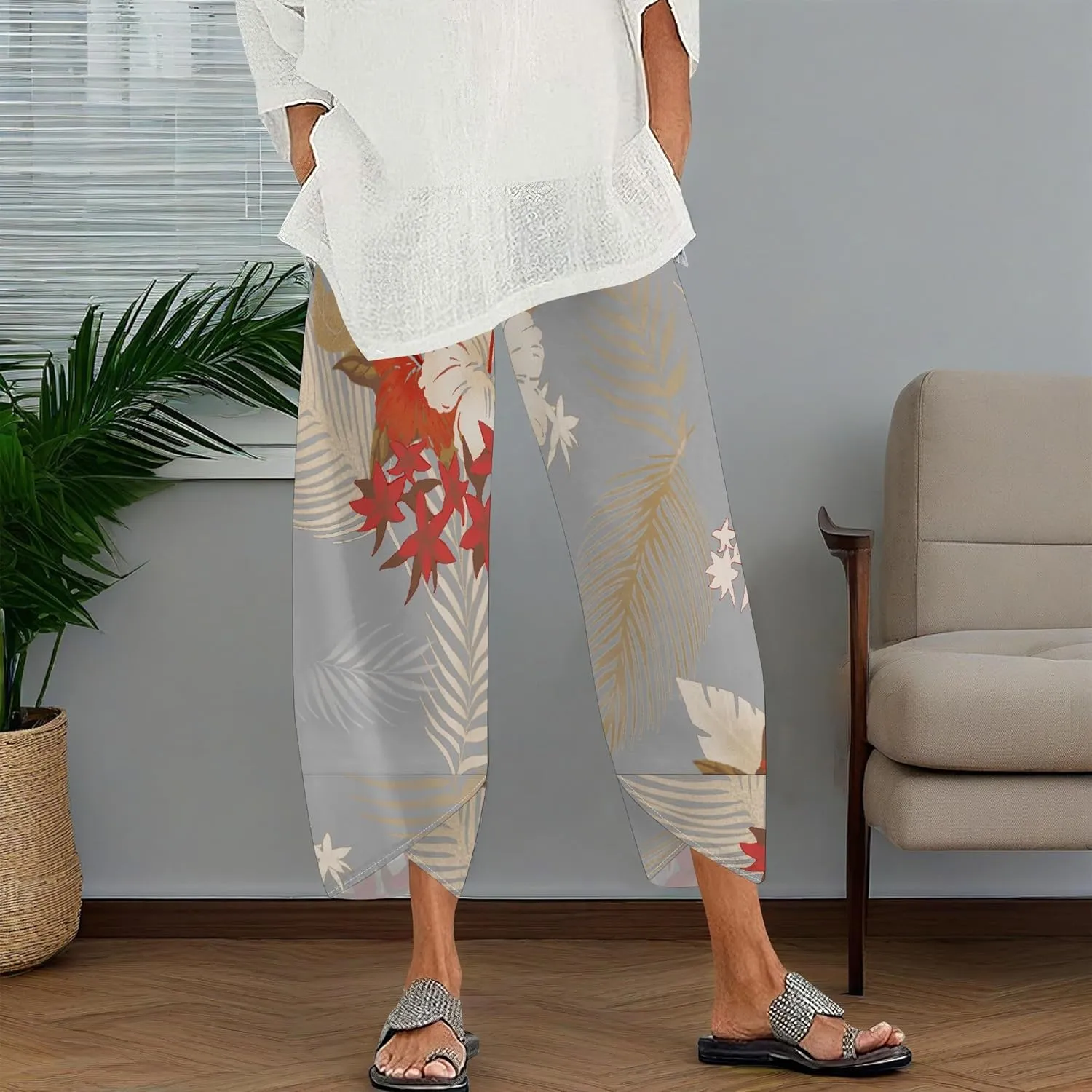 Capris Pants for Women 2025 Summer Printed Baggy Cropped Wide Leg High Elastic Waist Trousers Beach Vacation Pant