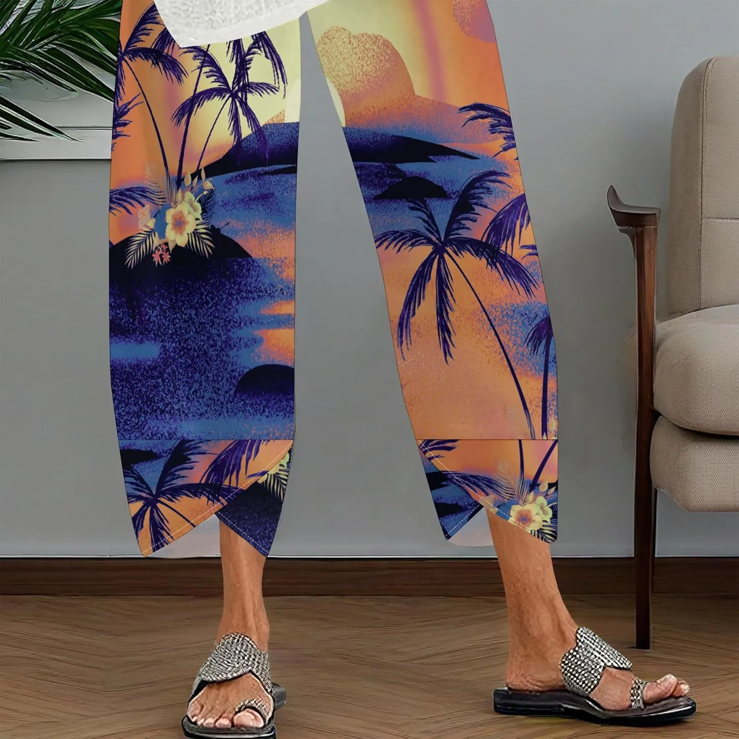 Capris Pants for Women 2025 Summer Printed Baggy Cropped Wide Leg High Elastic Waist Trousers Beach Vacation Pant
