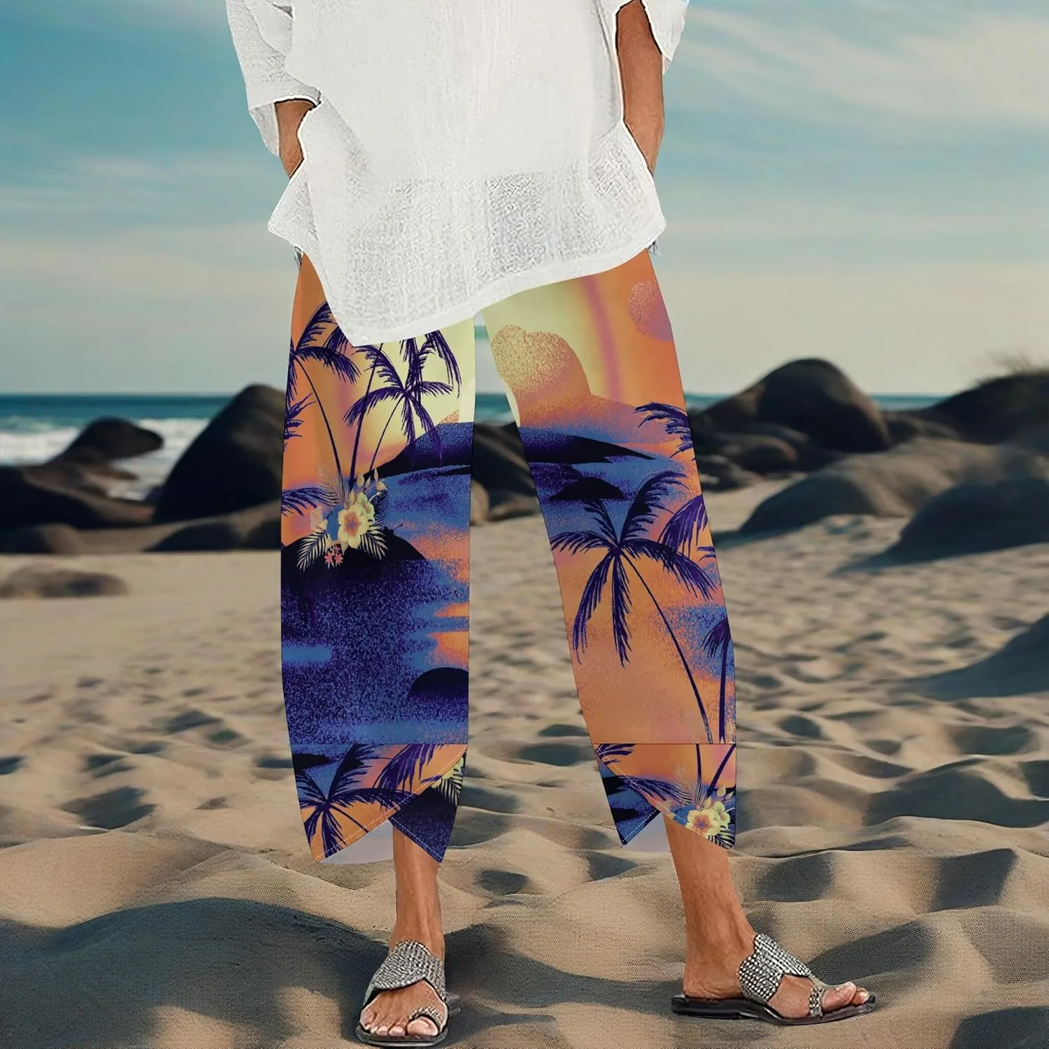 Capris Pants for Women 2025 Summer Printed Baggy Cropped Wide Leg High Elastic Waist Trousers Beach Vacation Pant